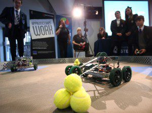 Mersey Stem Robotics Challenge Grand Final held at Aintree Racecourse. Eight schools made it through to the final with Hillside High School coming out victorious! Pictured are the winning team celebrating Sam Zhen Joseph Leatherbarrow Logan Burke and Harry Naylor Images by Gareth Jones