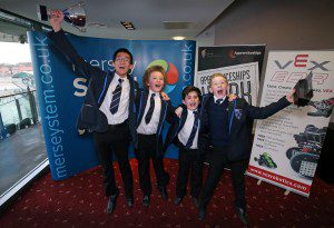 Mersey Stem Robotics Challenge Grand Final held at Aintree Racecourse. Eight schools made it through to the final with Hillside High School coming out victorious! Pictured are the winning team celebrating Sam Zhen Joseph Leatherbarrow Logan Burke and Harry Naylor Images by Gareth Jones
