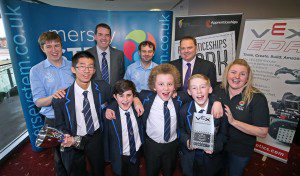 Mersey Stem Robotics Challenge Grand Final held at Aintree Racecourse. Eight schools made it through to the final with Hillside High School coming out victorious! Pictured are the winning team celebrating Sam Zhen Joseph Leatherbarrow Logan Burke and Harry Naylor Images by Gareth Jones