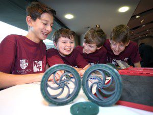 Mersey Stem Robotics Challenge Grand Final held at Aintree Racecourse. Eight schools made it through to the final with Hillside High School coming out victorious! Pictured are the winning team celebrating Sam Zhen Joseph Leatherbarrow Logan Burke and Harry Naylor Images by Gareth Jones