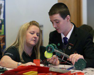 Mersey Stem Robotics Challenge Grand Final held at Aintree Racecourse. Eight schools made it through to the final with Hillside High School coming out victorious! Pictured are the winning team celebrating Sam Zhen Joseph Leatherbarrow Logan Burke and Harry Naylor Images by Gareth Jones