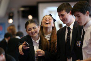 Mersey Stem Robotics Challenge Grand Final held at Aintree Racecourse. Eight schools made it through to the final with Hillside High School coming out victorious! Pictured are the winning team celebrating Sam Zhen Joseph Leatherbarrow Logan Burke and Harry Naylor Images by Gareth Jones