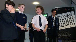 Mersey Stem Robotics Challenge Grand Final held at Aintree Racecourse. Eight schools made it through to the final with Hillside High School coming out victorious! Pictured are the winning team celebrating Sam Zhen Joseph Leatherbarrow Logan Burke and Harry Naylor Images by Gareth Jones