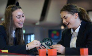 Mersey Stem Robotics Challenge Grand Final held at Aintree Racecourse. Eight schools made it through to the final with Hillside High School coming out victorious! Pictured are the winning team celebrating Sam Zhen Joseph Leatherbarrow Logan Burke and Harry Naylor Images by Gareth Jones